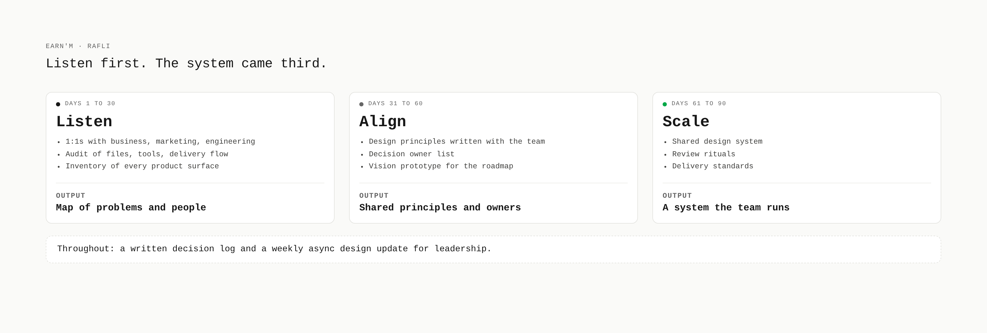 First 90 days in three phases: listen, align, scale