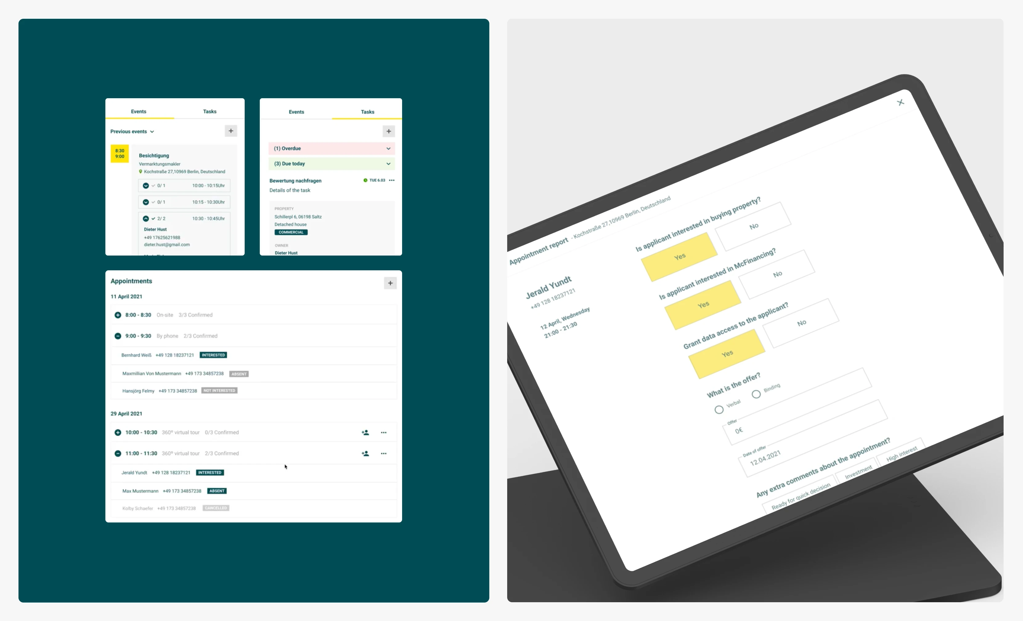 Alla events and tasks panels with a structured appointment report