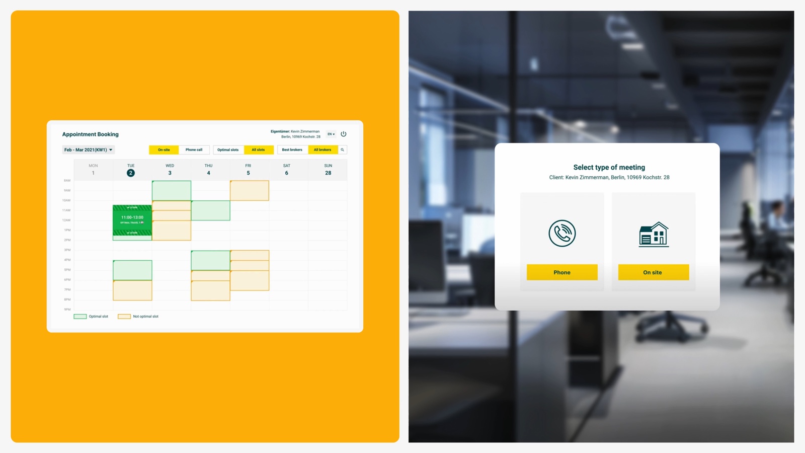 Alla appointment booking calendar with optimal slots and meeting type selection