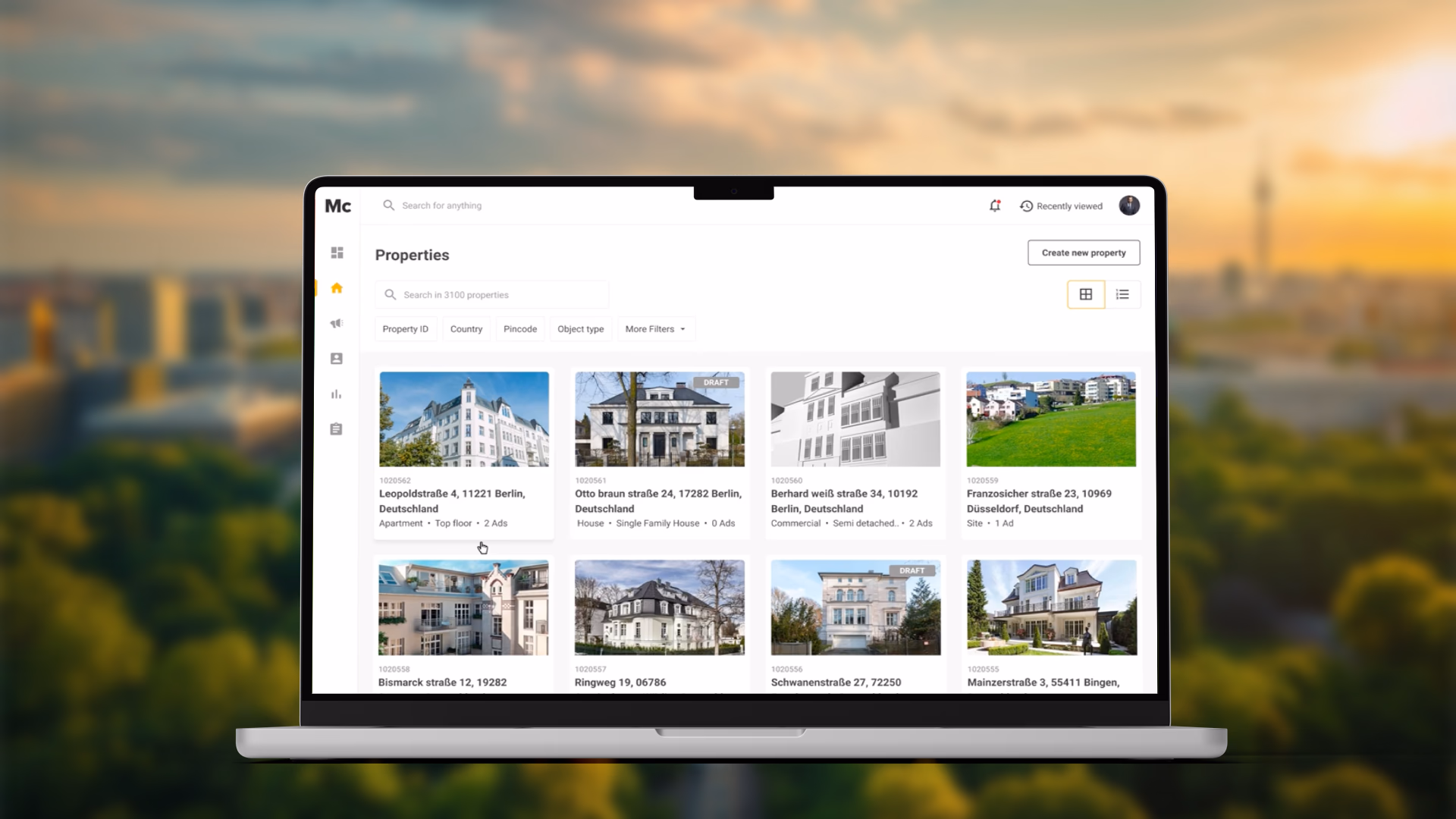 Immoforce property management dashboard showing the property listings grid