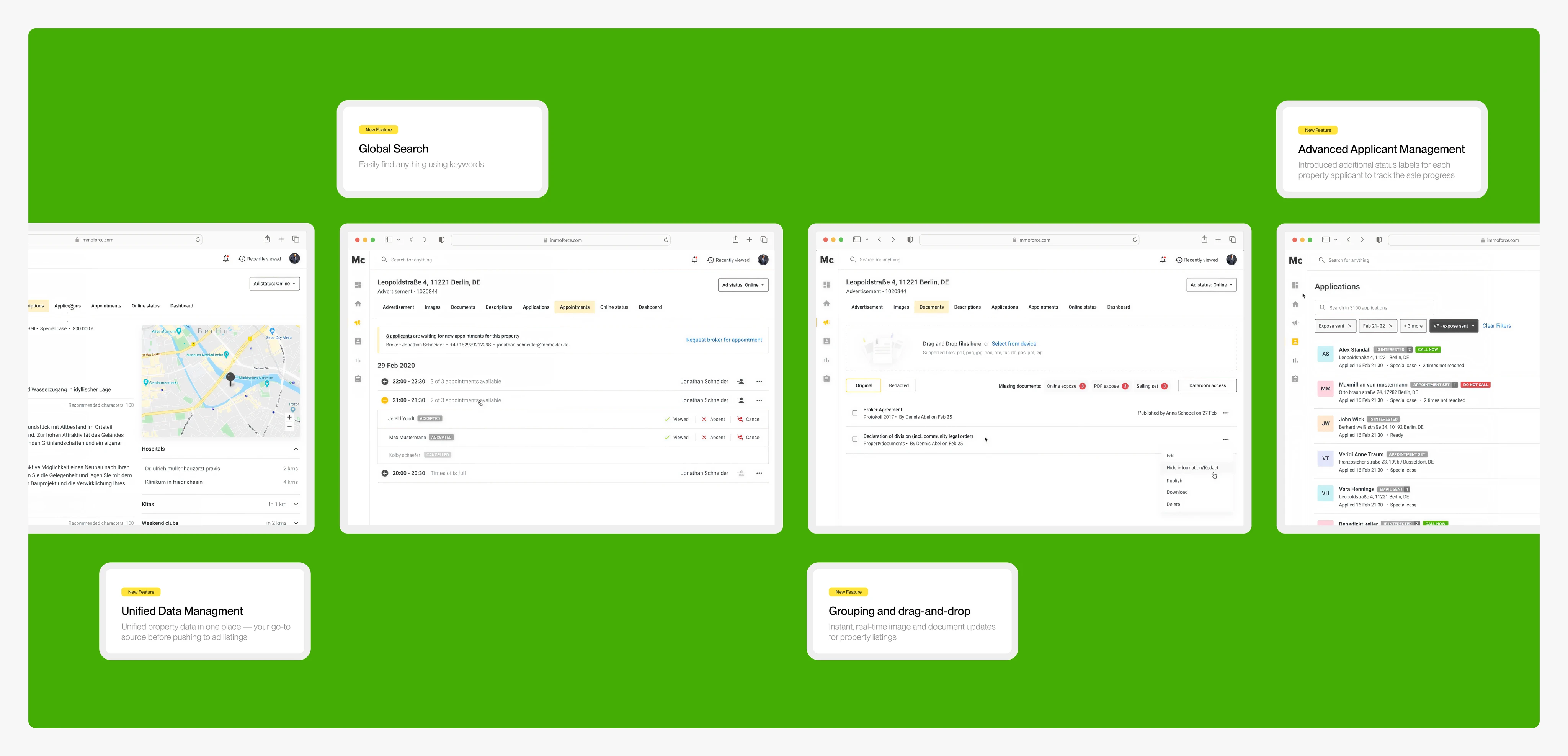 Immoforce redesign: global search, applicant management, unified data, drag-and-drop