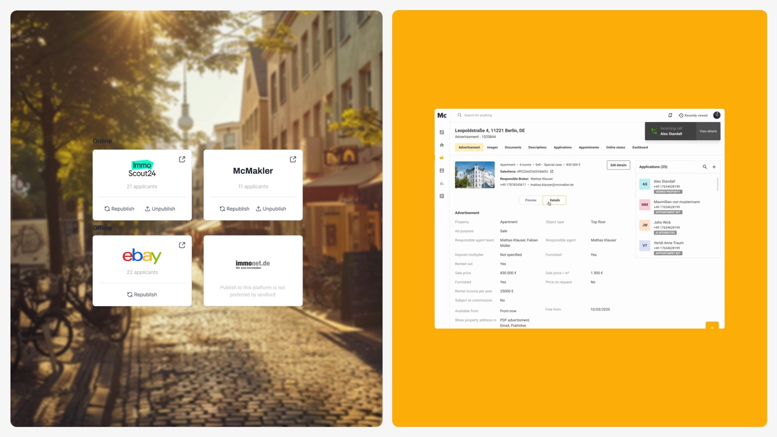 Immoforce advertisement view with multi-portal publishing to ImmoScout24, eBay, and others