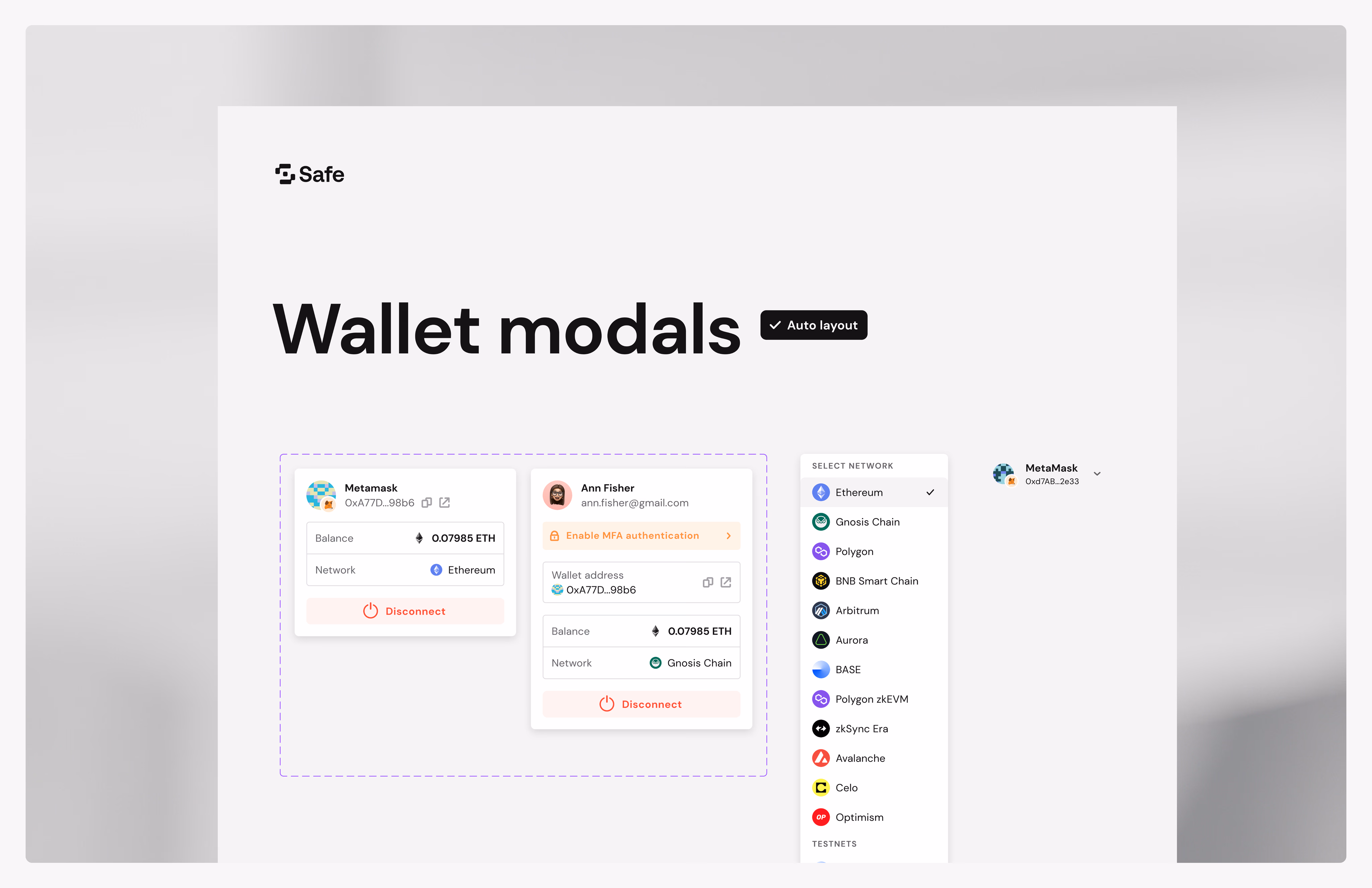 Design system wallet modal components with auto layout and network variants