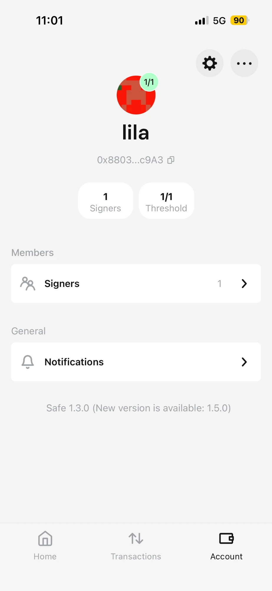 Safe mobile account screen showing signers and threshold