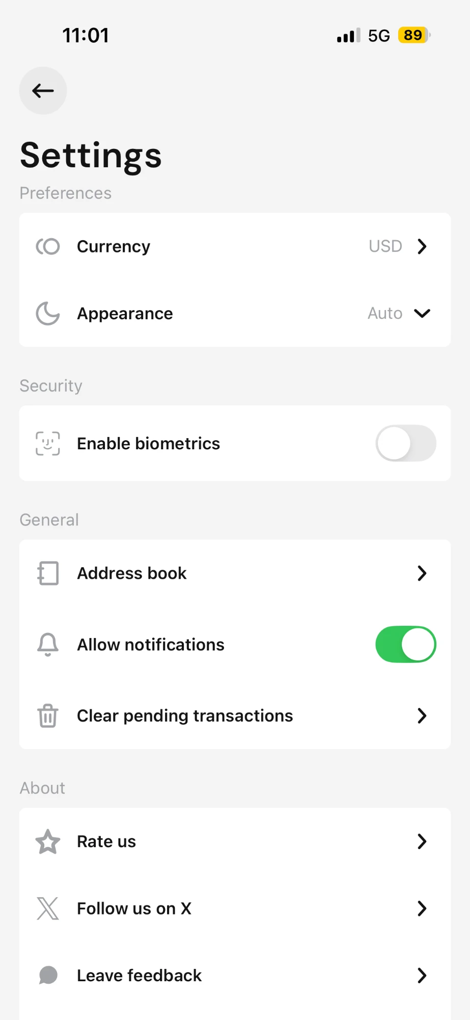 Safe mobile settings screen