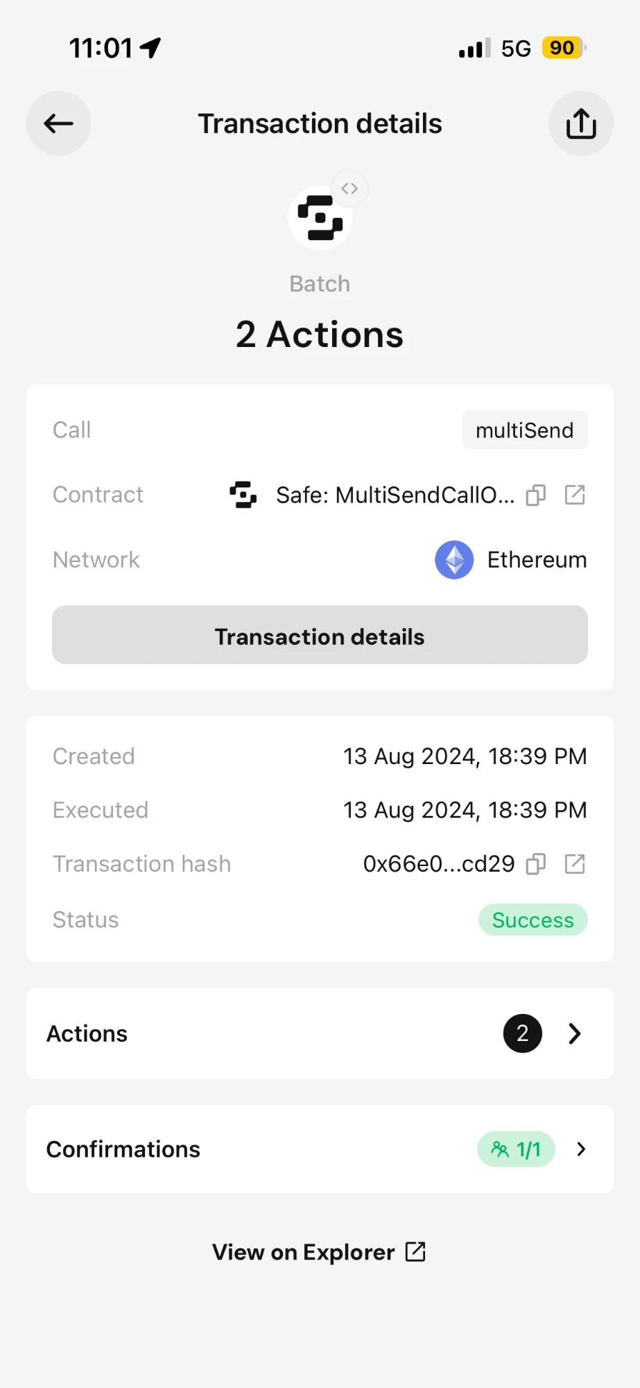 Safe mobile transaction details for a batched multiSend transaction