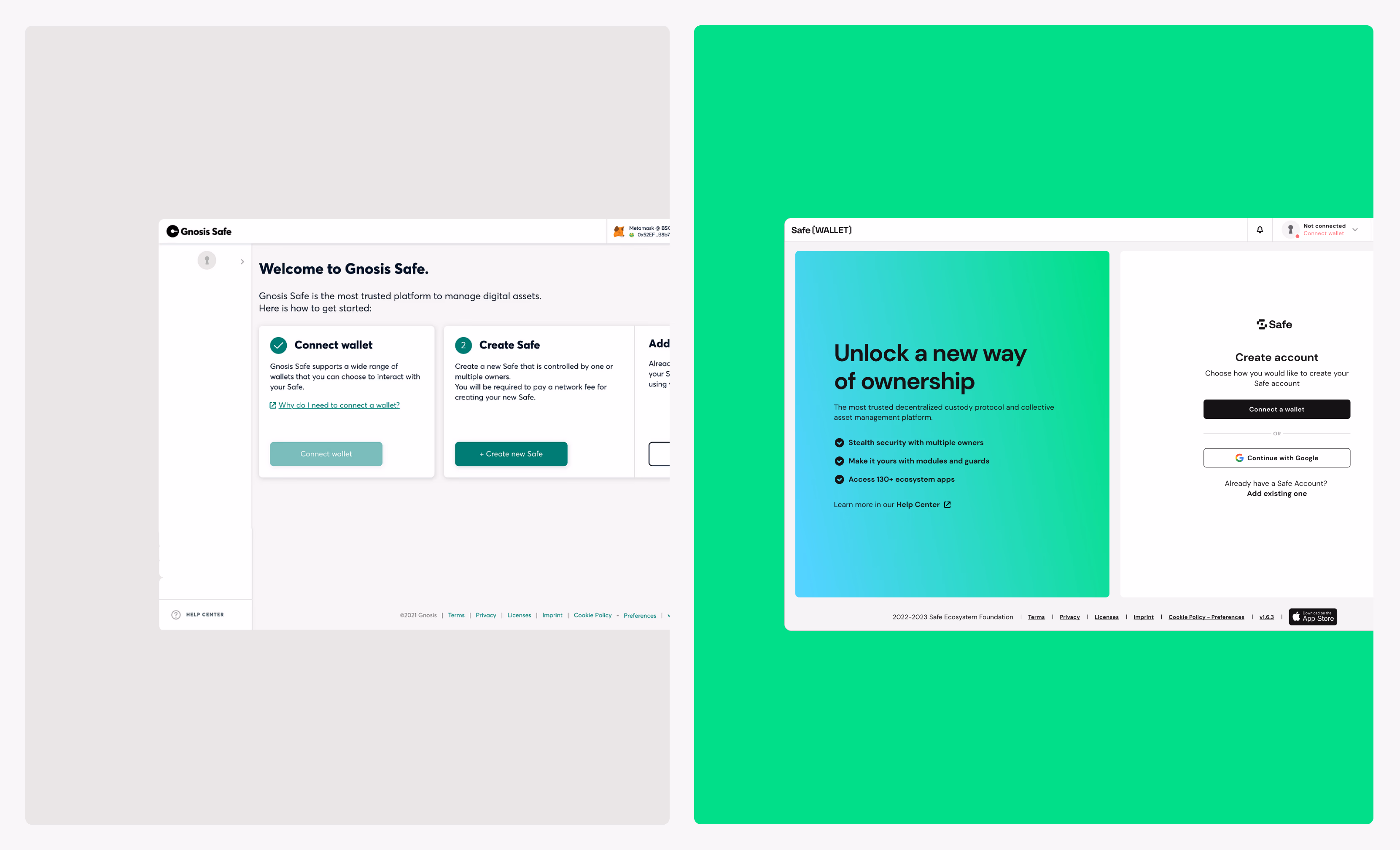 Safe onboarding: Welcome to Gnosis Safe and Create account screens