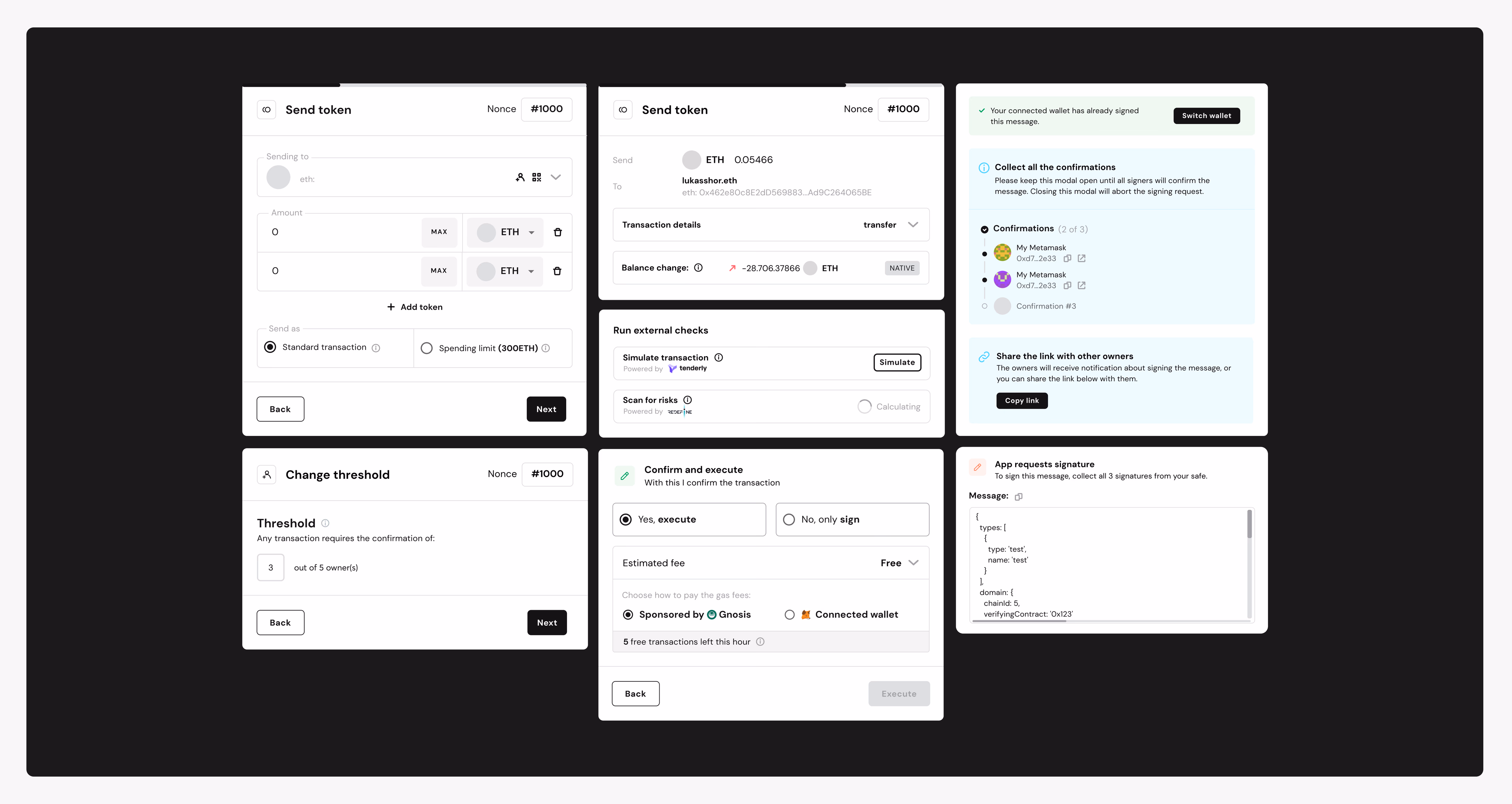 Transaction modal states: send token, external checks, confirm and execute, signer confirmations